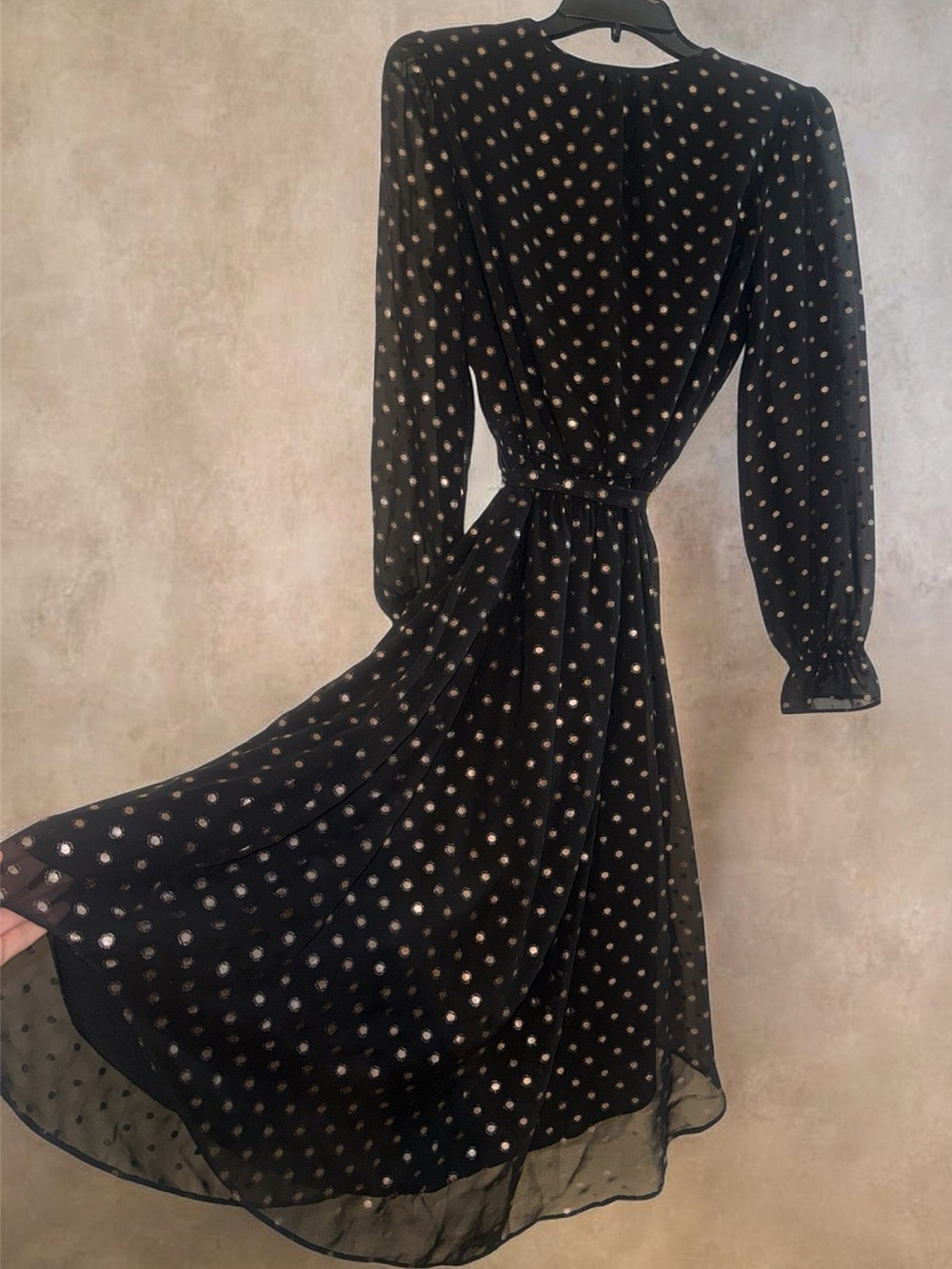 GAP Black Long Sleeve Metallic Polka Dot Wrap Dress